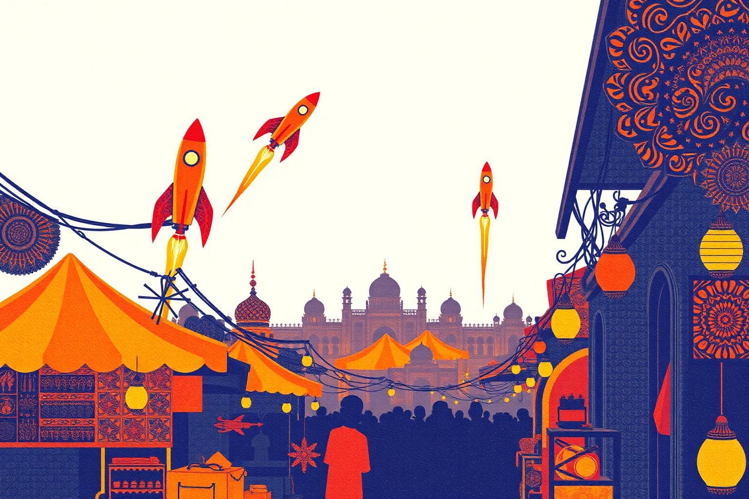 Illustrated bazaar and city with rockets in the sky